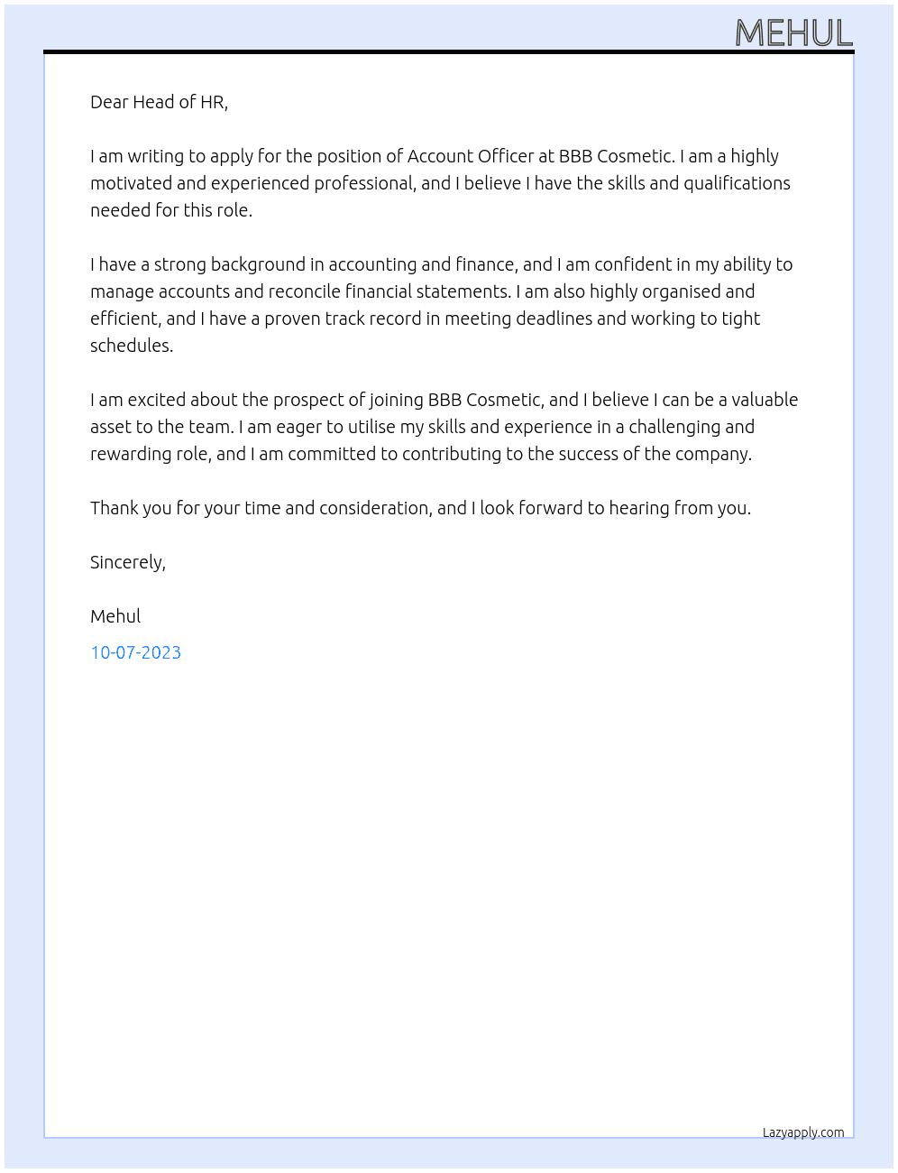 account officer At bbb cosmetic  Cover Letter