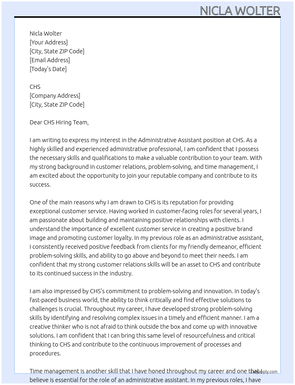 Administrative Assistant  At CHS Cover Letter