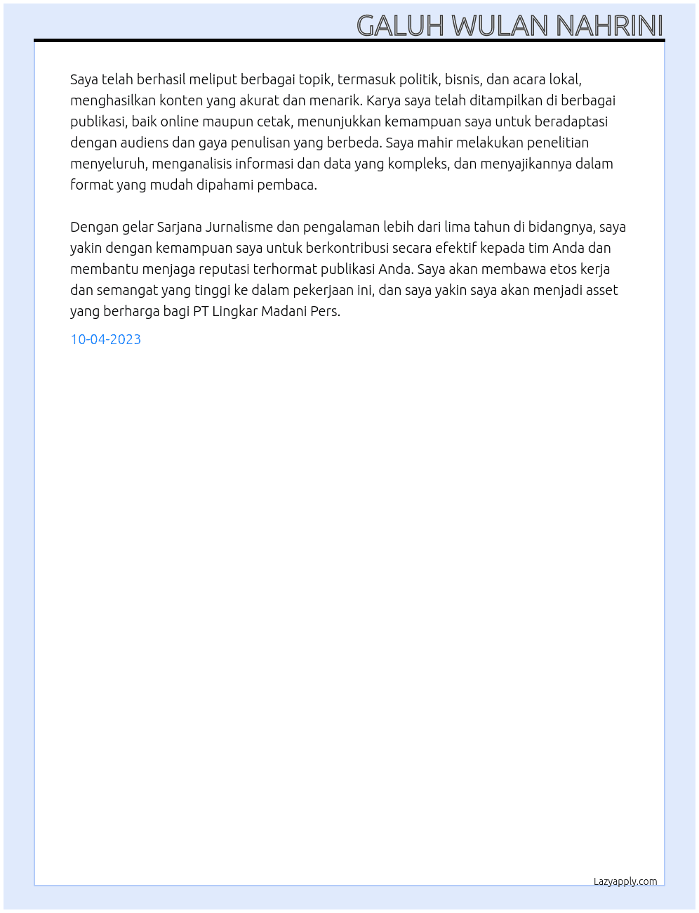 Jurnalist At PT LINGKAR MADANI PERS Cover Letter