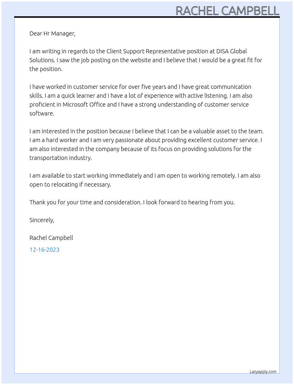 Client Support Representative At DISA Global Solutions Cover Letter
