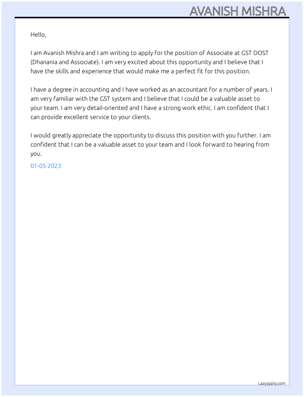 Associate At GST DOST ( DHANANIA AND ASSOCIATE) Cover Letter