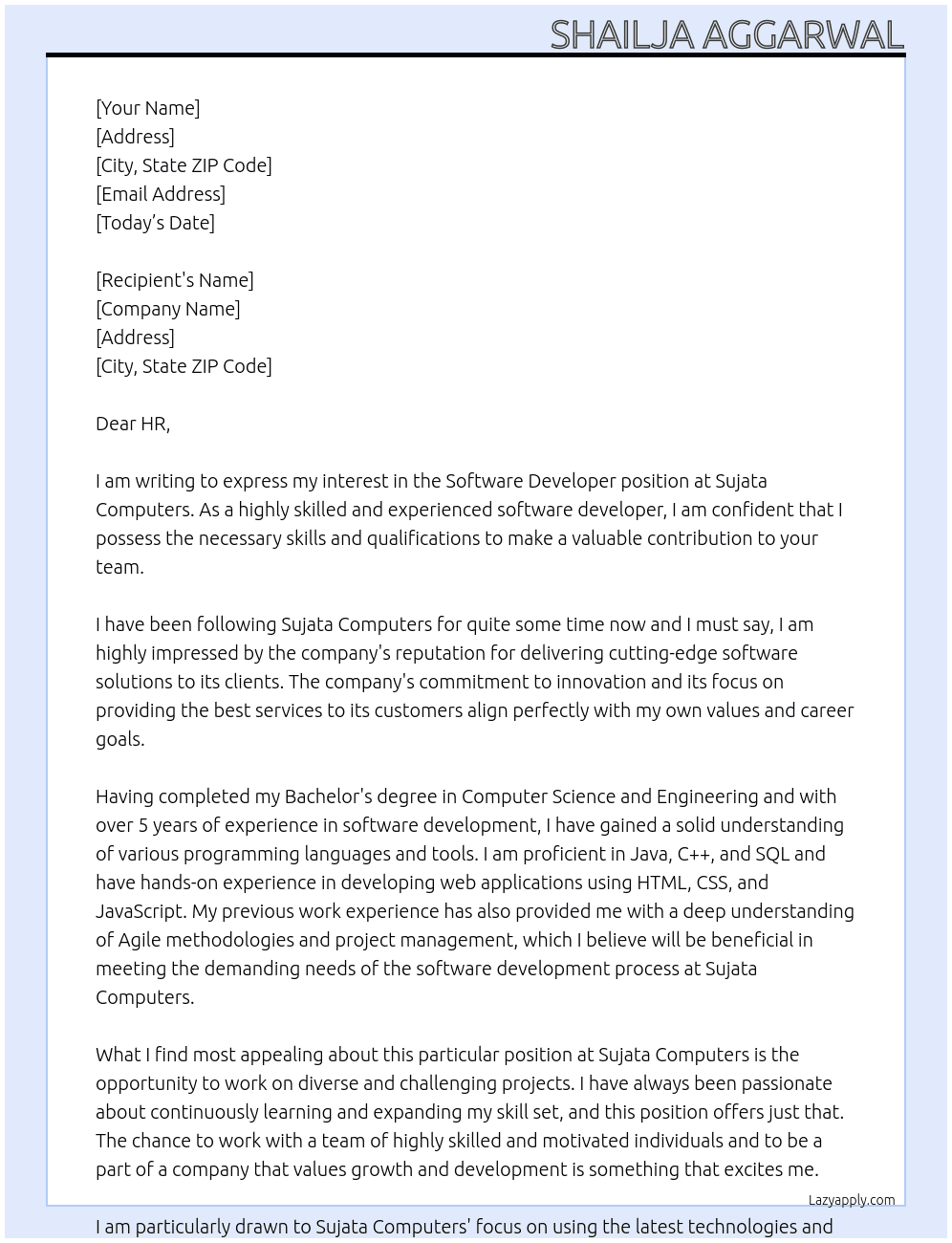 Software developer  At Sujata Computers Cover Letter