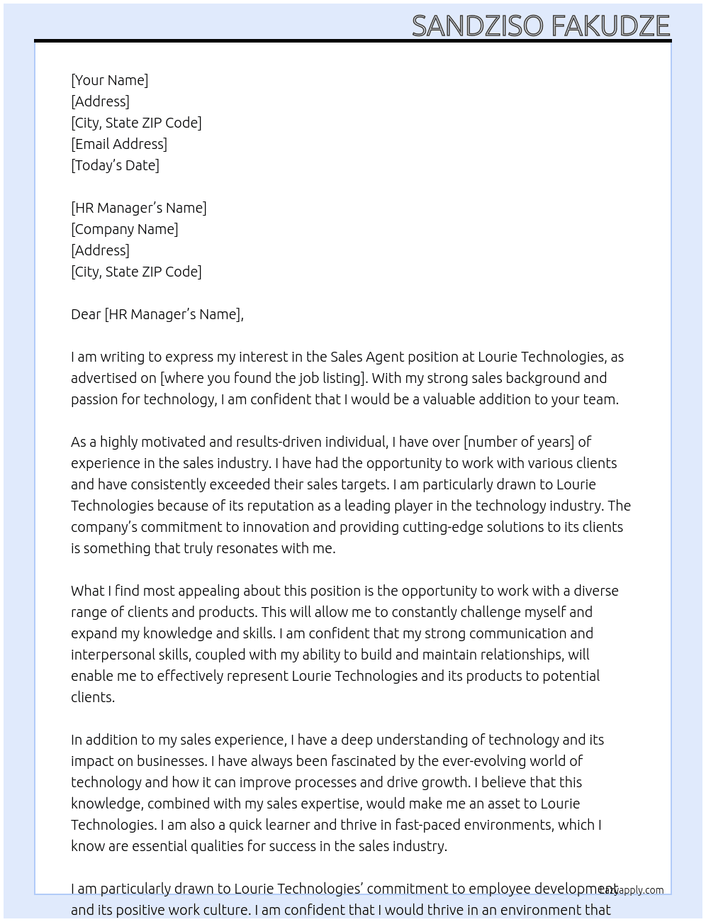Sales agent At Lourie Technologies Cover Letter