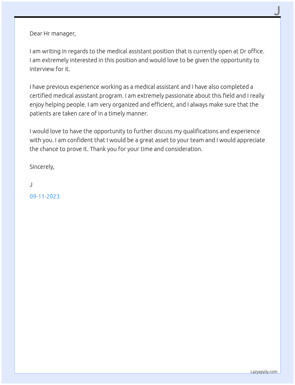 Medical assistant  At Dr office Cover Letter