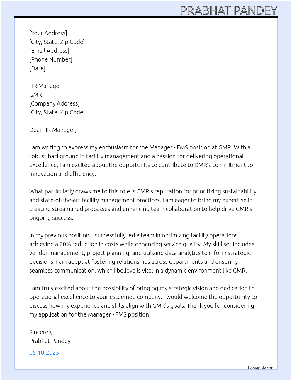 Manager - FMS At GMR Cover Letter