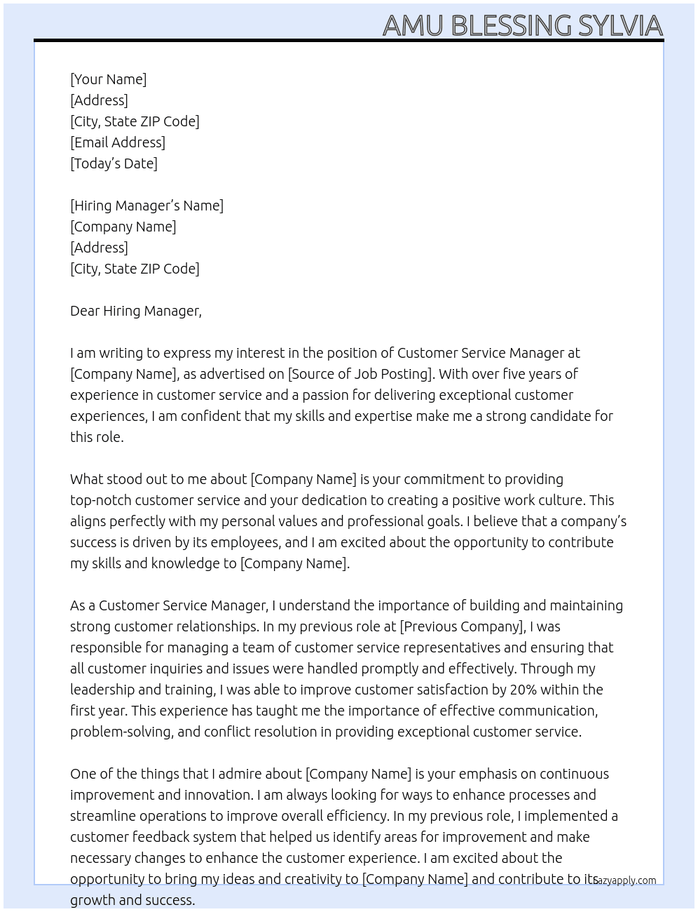 Customer Service Manager At Company Cover Letter