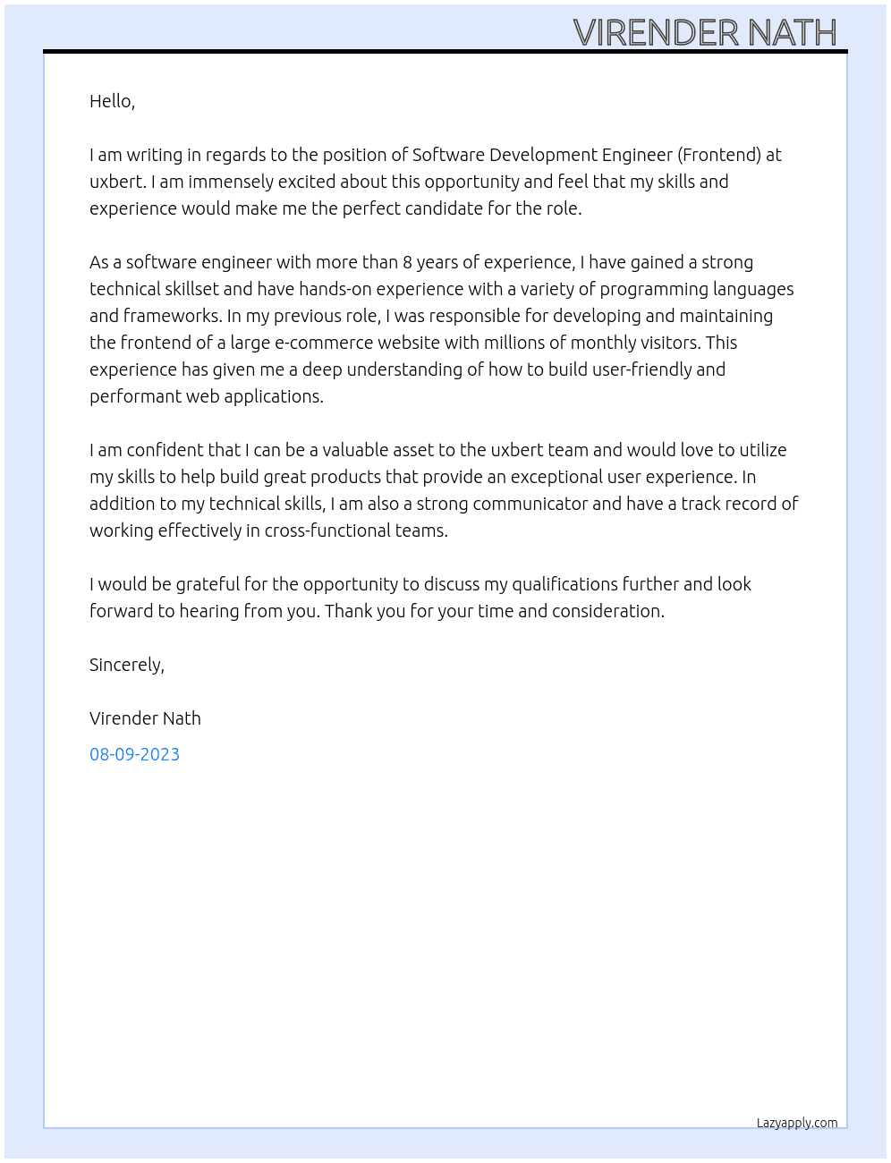 Software Development Engineer (Frontend) At uxbert Cover Letter