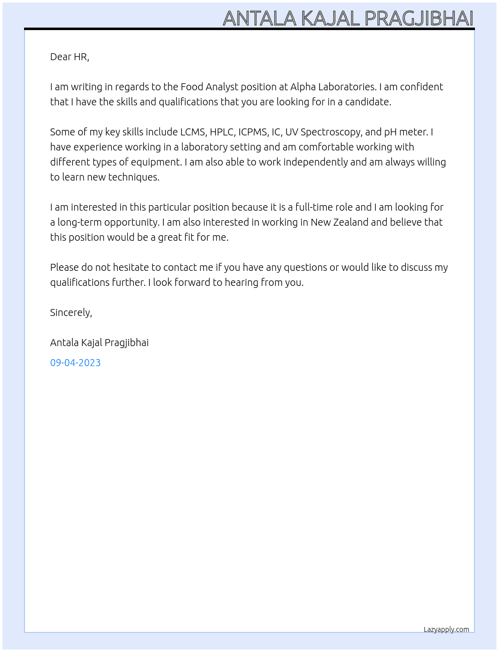 Food Analyst At Alpha Laboratories Cover Letter