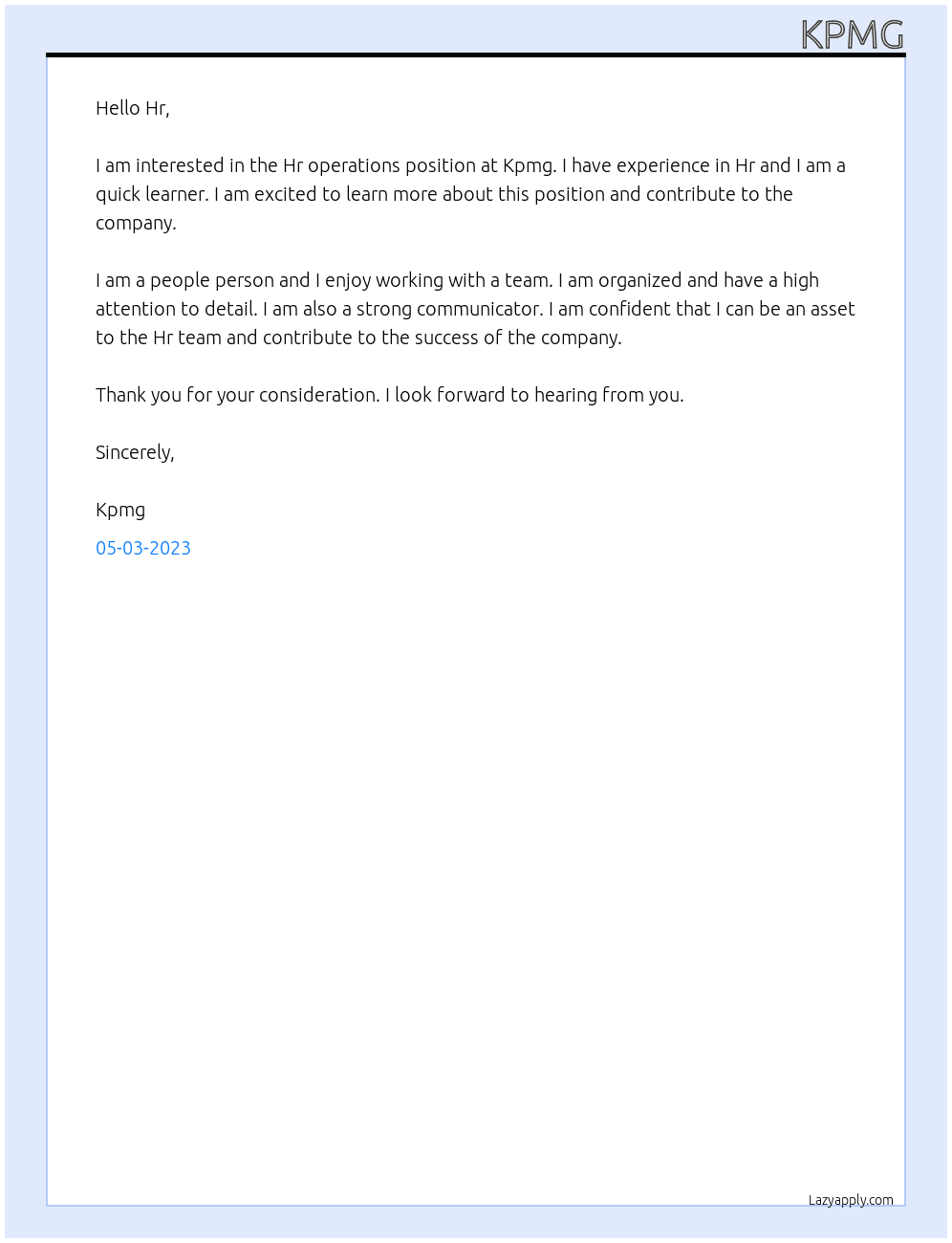 Hr operations  At Kpmg Cover Letter