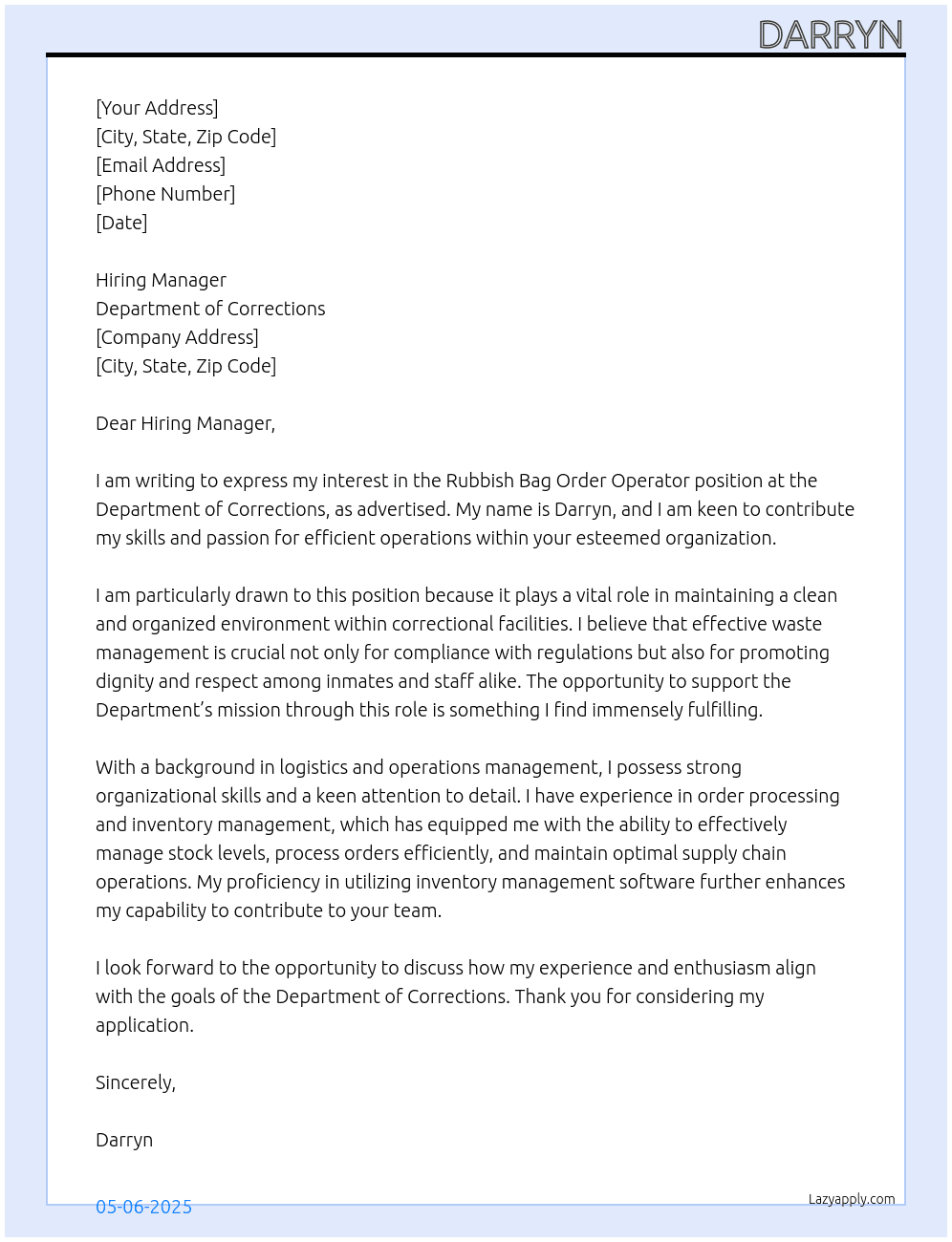 Cover letter for rubbish bag order operator - LazyApply