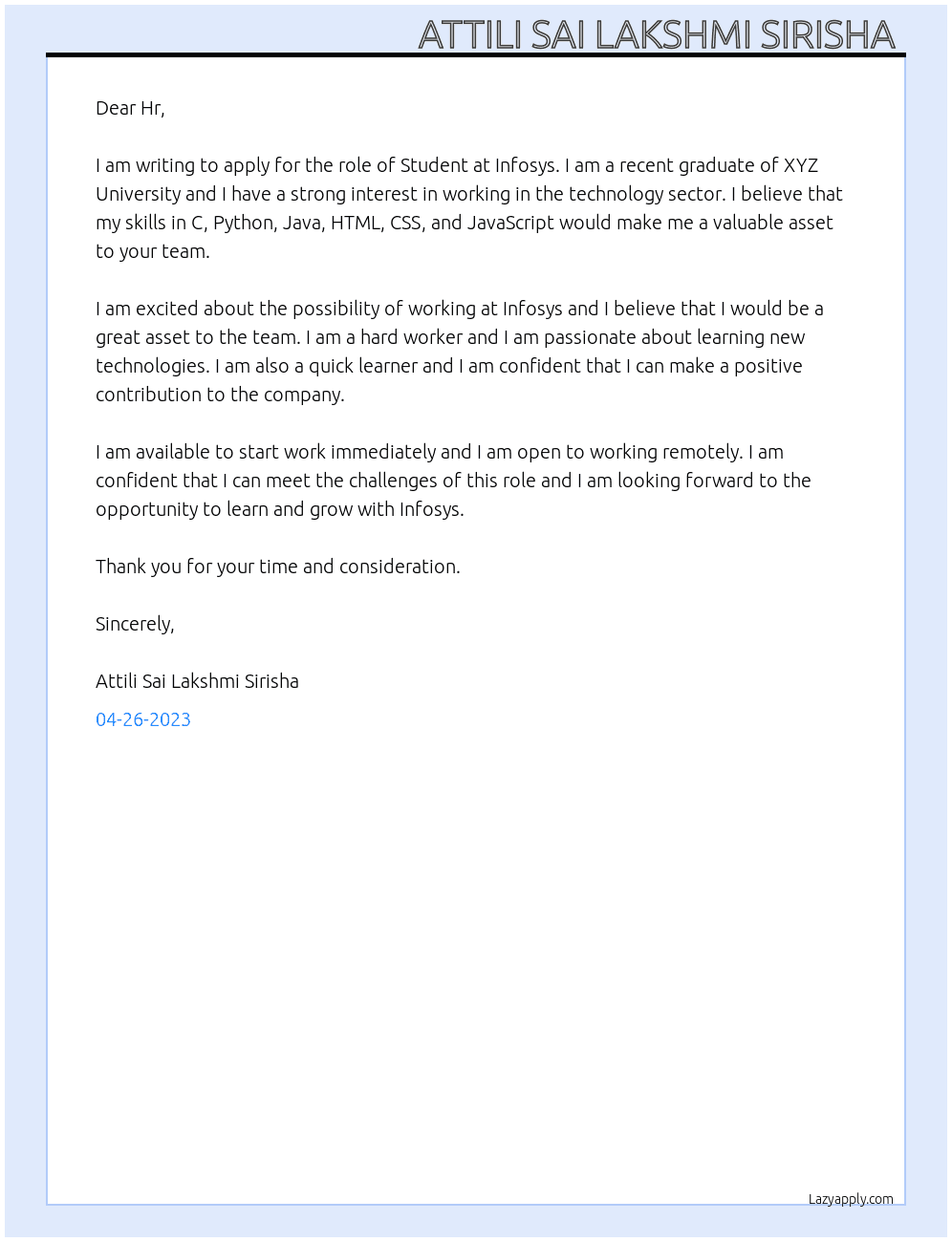 Student  At Infosys Cover Letter