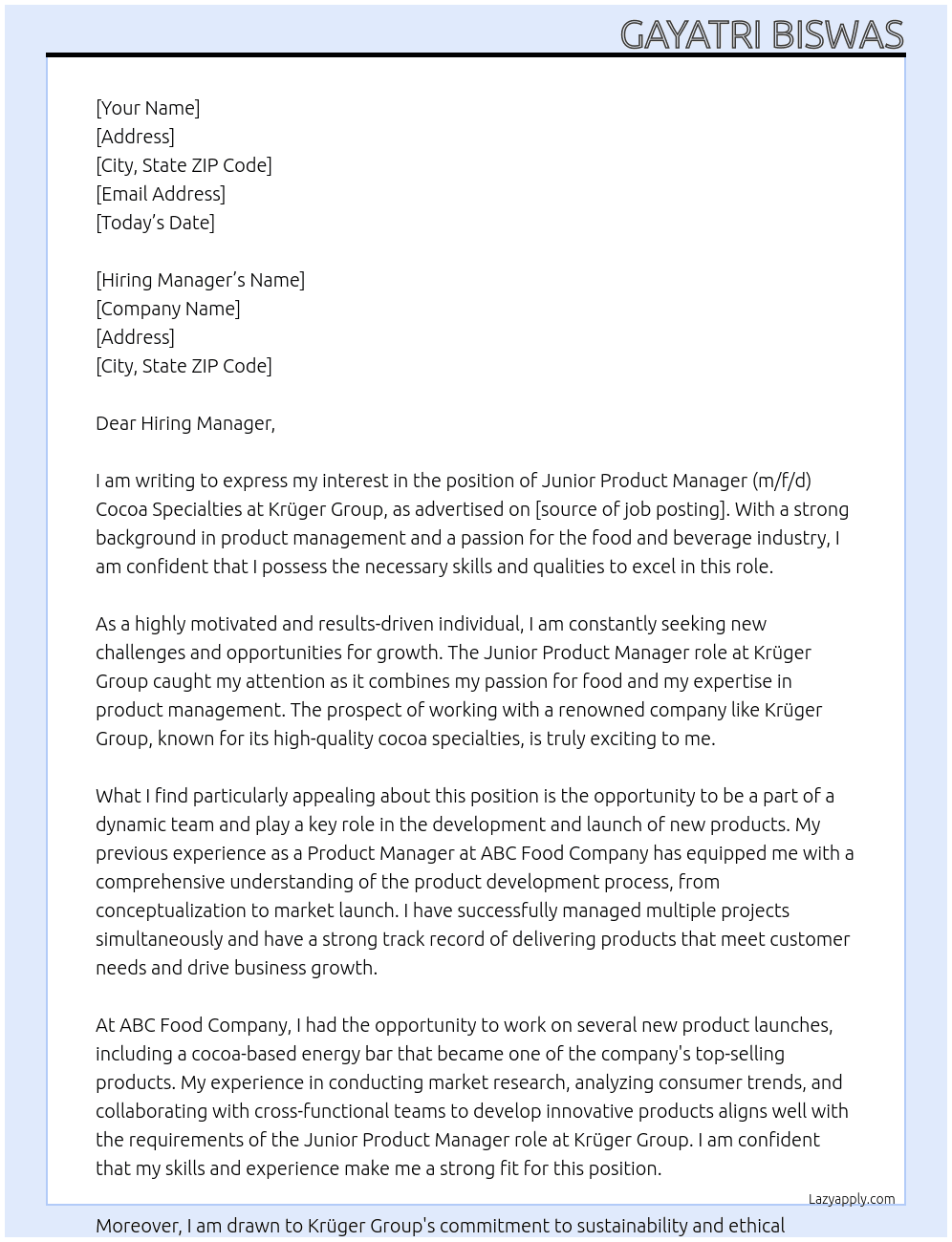 Junior Product Manager (m/f/d) Cocoa Specialties At Krüger Group Cover Letter
