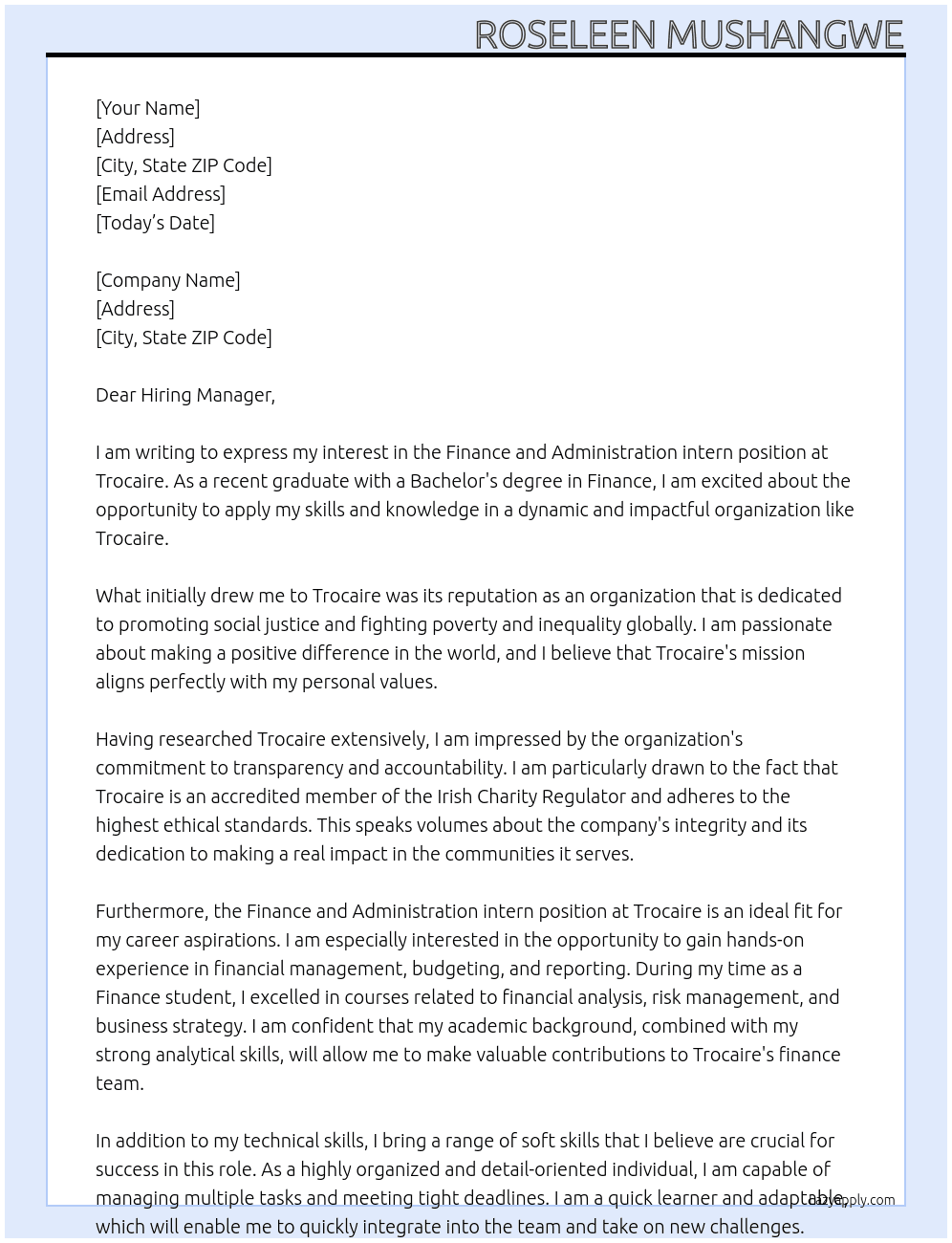 Finance and Administration intern At Trocaire Cover Letter