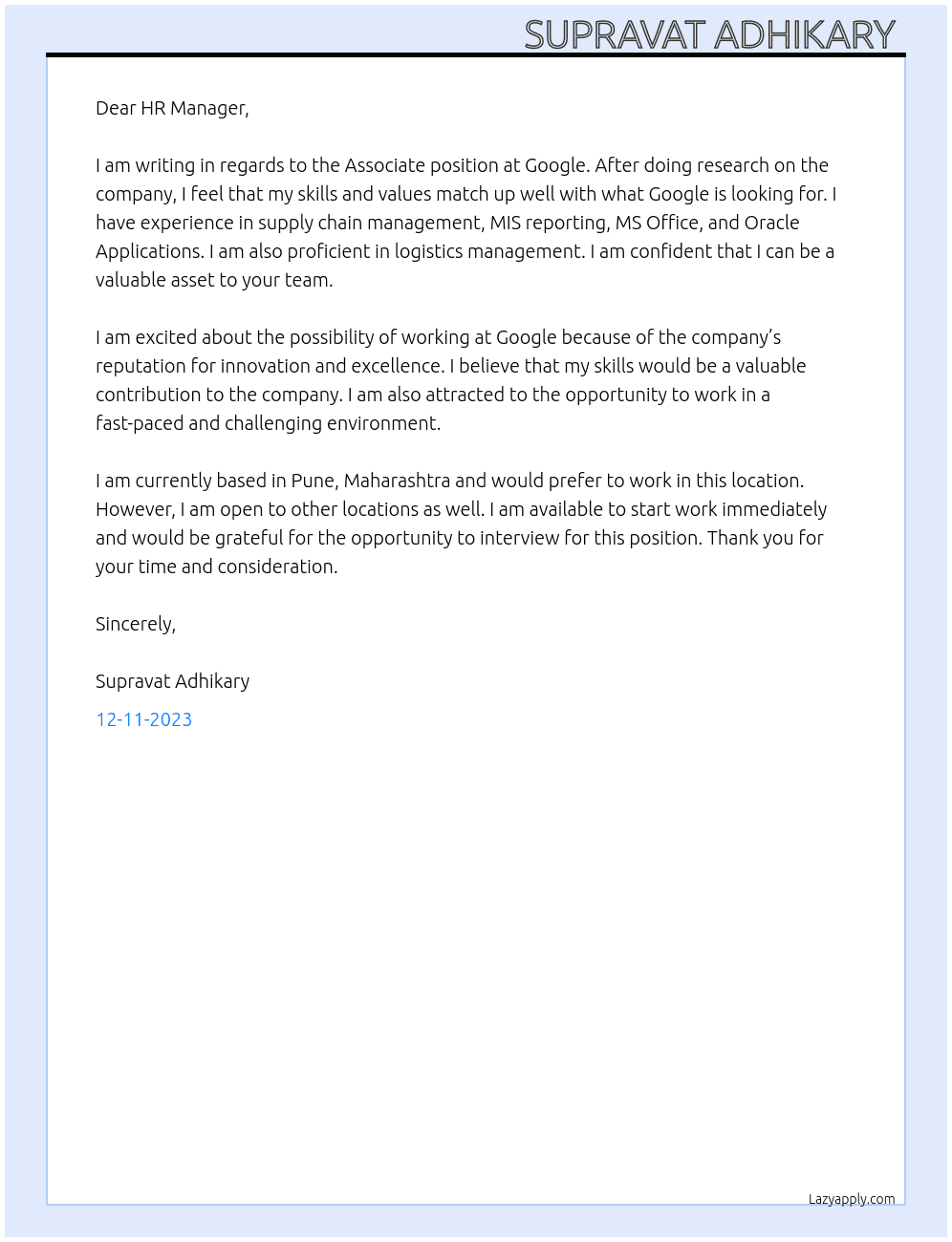 Associate  At Google  Cover Letter