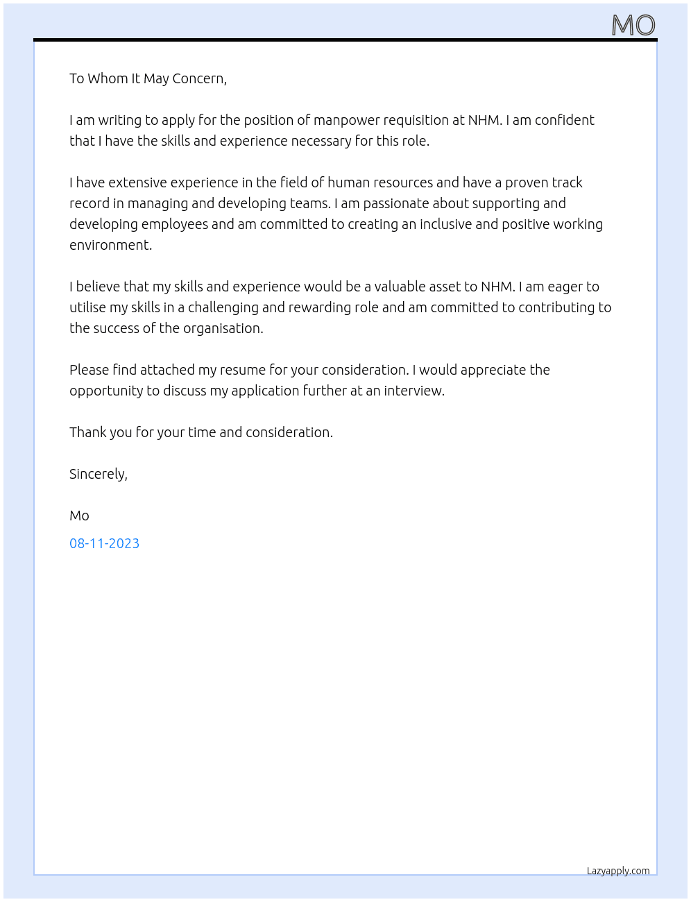 Requisition for manpower At Nhm Cover Letter