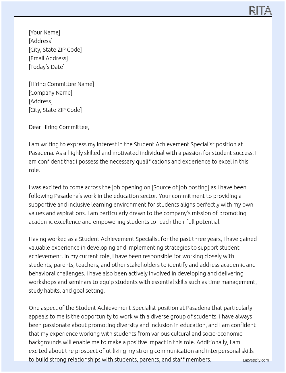 Student Achievement Specialist At Pasadena Cover Letter