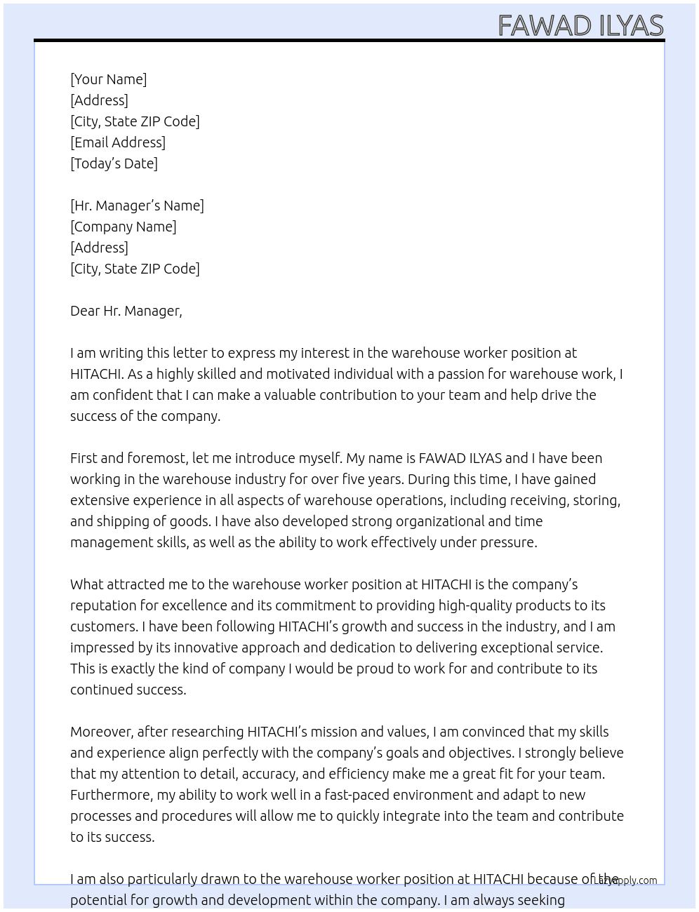 warehouse worker At HITACHI Cover Letter