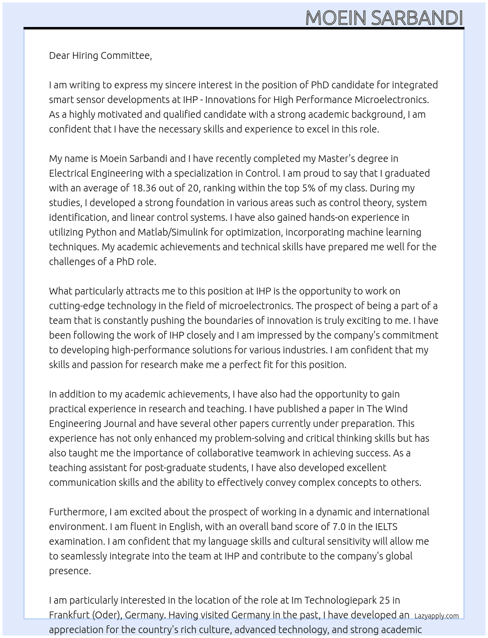 PhD position for integrated smart sensor developments At IHP - Innovations for High Performance Microelectronics Cover Letter