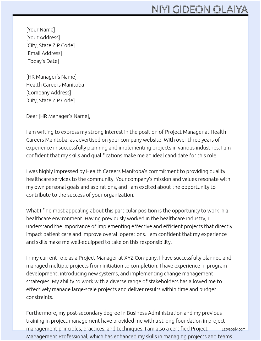 Project Manager At Health Careers Manitoba Cover Letter
