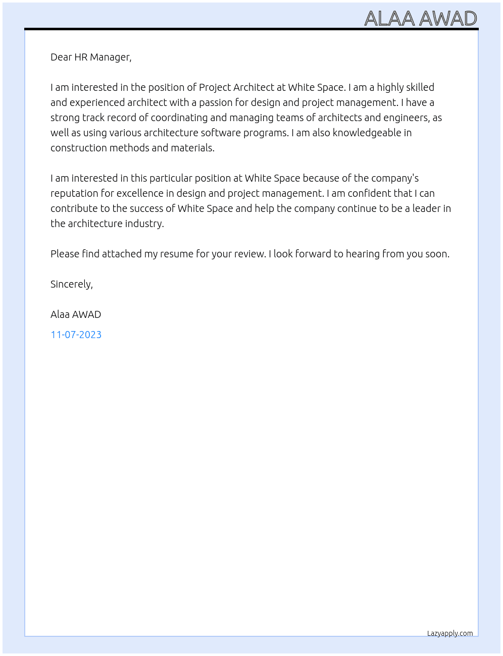 project architect At white space  Cover Letter