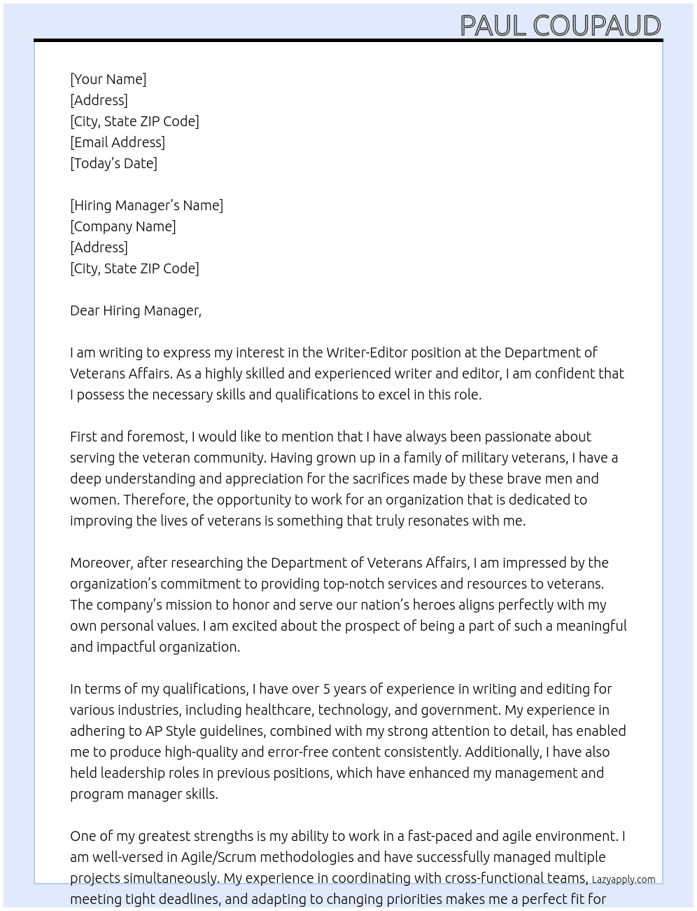 Writer-Editor At Department of Veterans Affairs Cover Letter