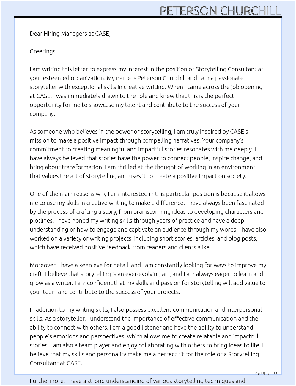 Storytelling Consultant At CASE Cover Letter
