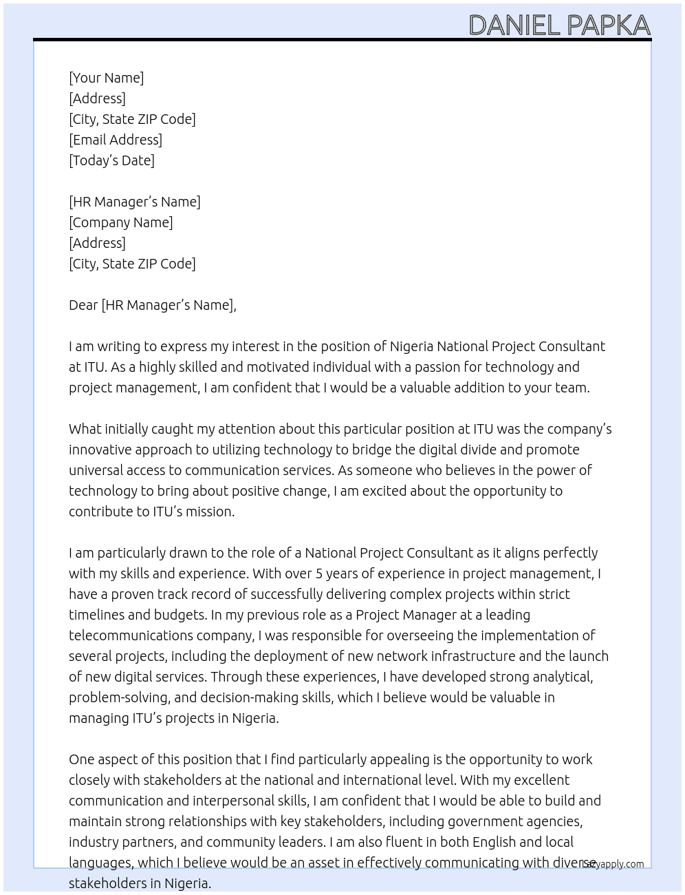 Nigeria National Project Consultant At ITU Cover Letter