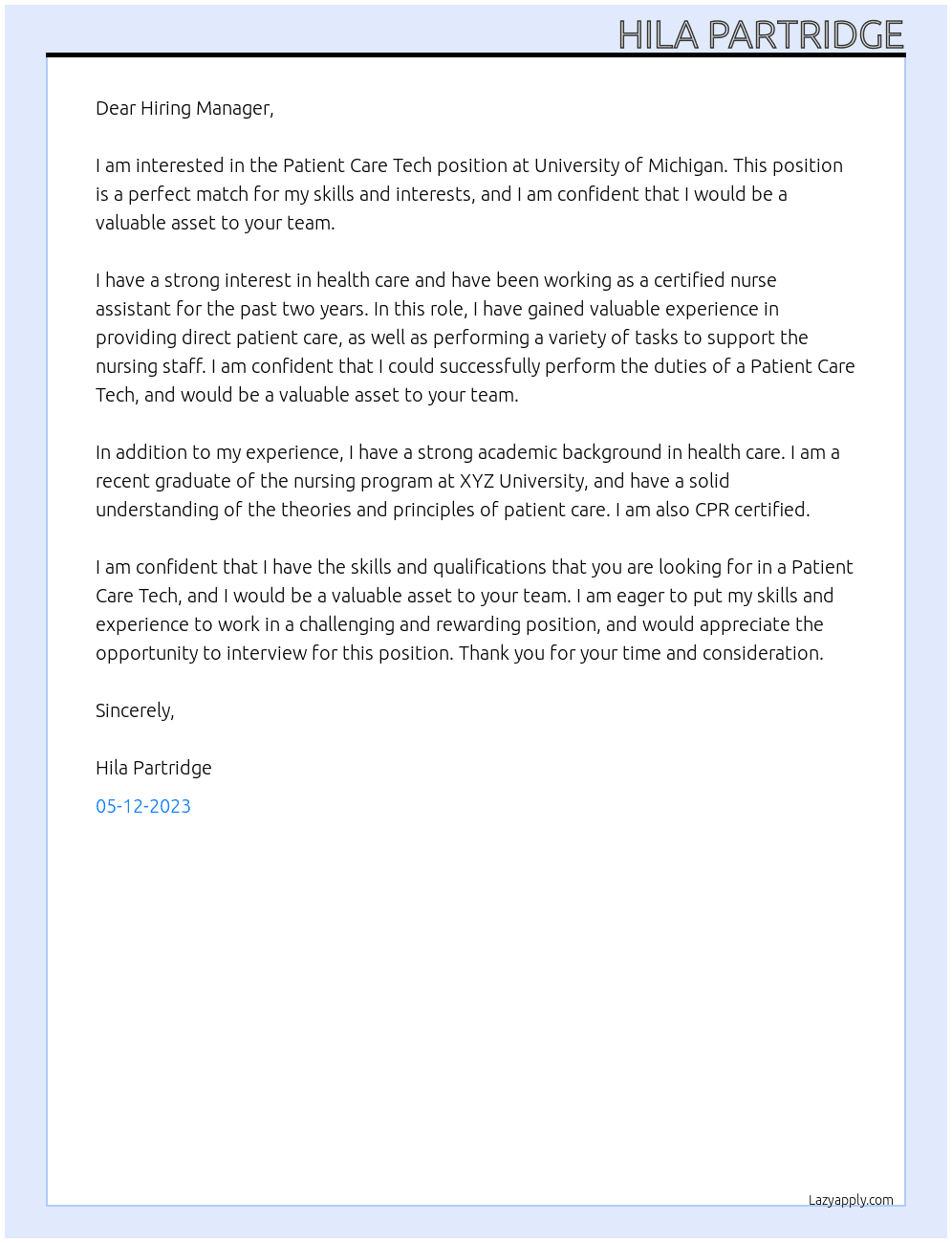 Patient Care Tech At University of Michigan Cover Letter