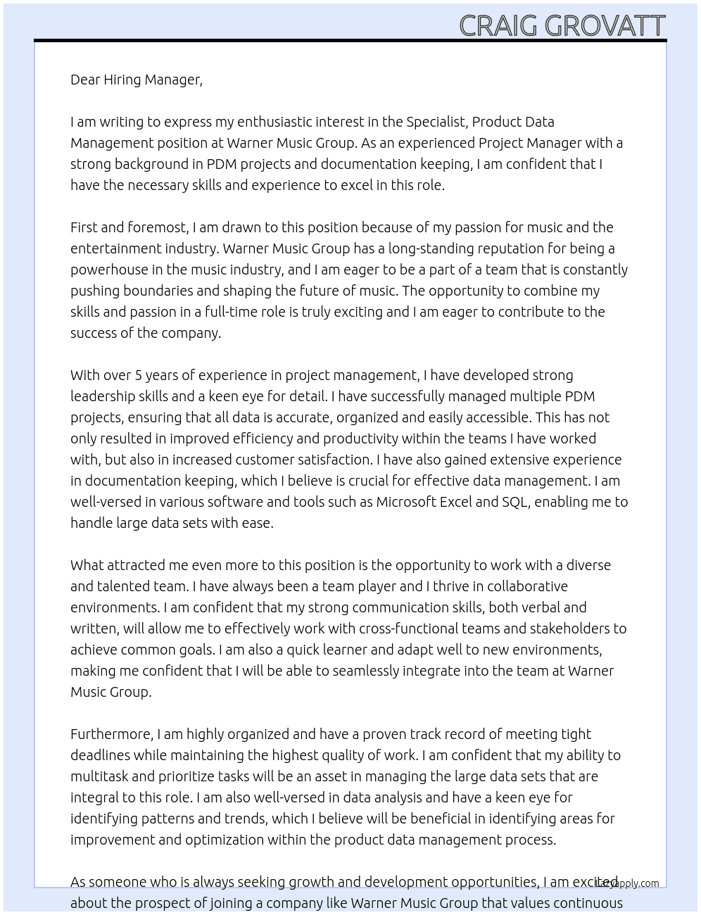Specialist, Product Data MAnagement At Warner Music Group Cover Letter