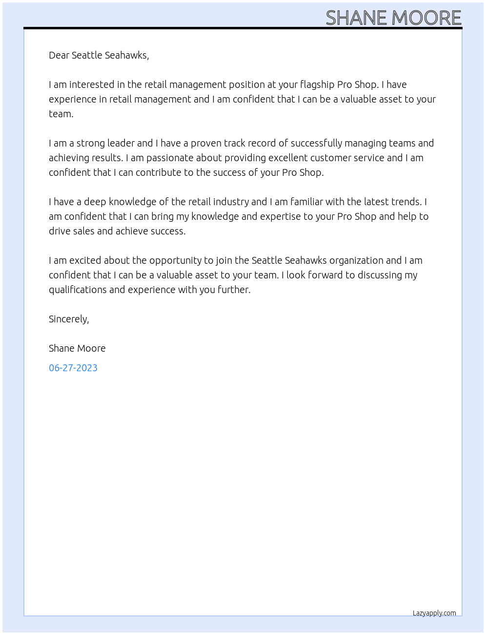 Retail management At Seattle Seahawks Flagship Pro Shop Cover Letter