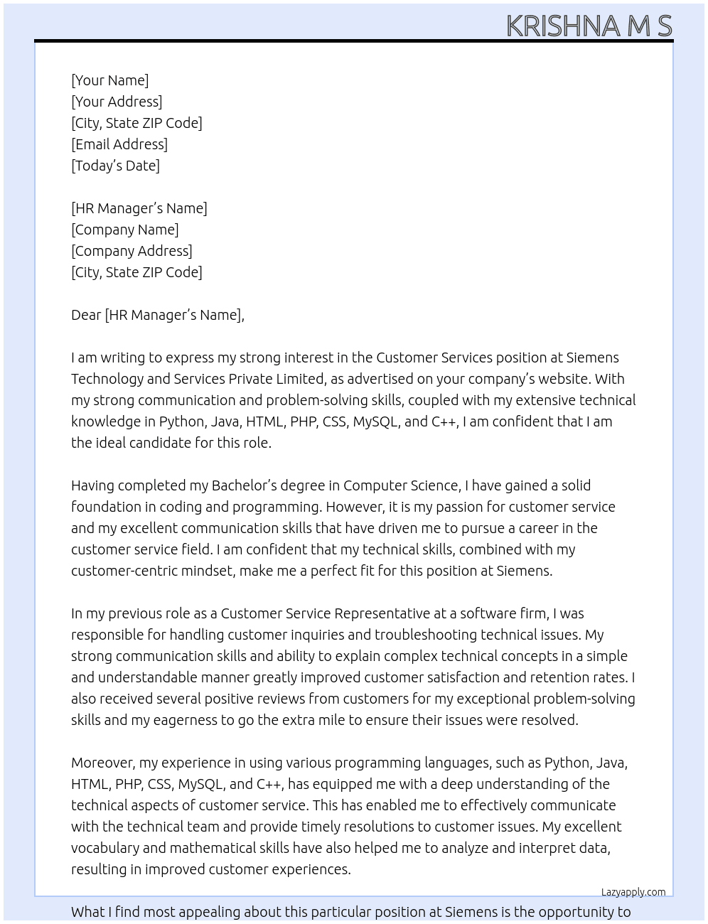 Customer Services At Siemens Technology and Services Private Limited  Cover Letter