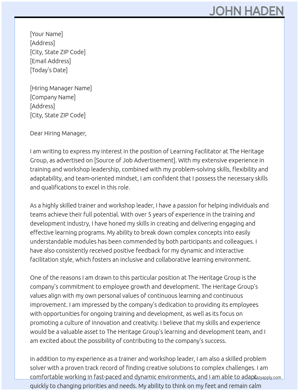 learning facilitator At The Heritage Group Cover Letter