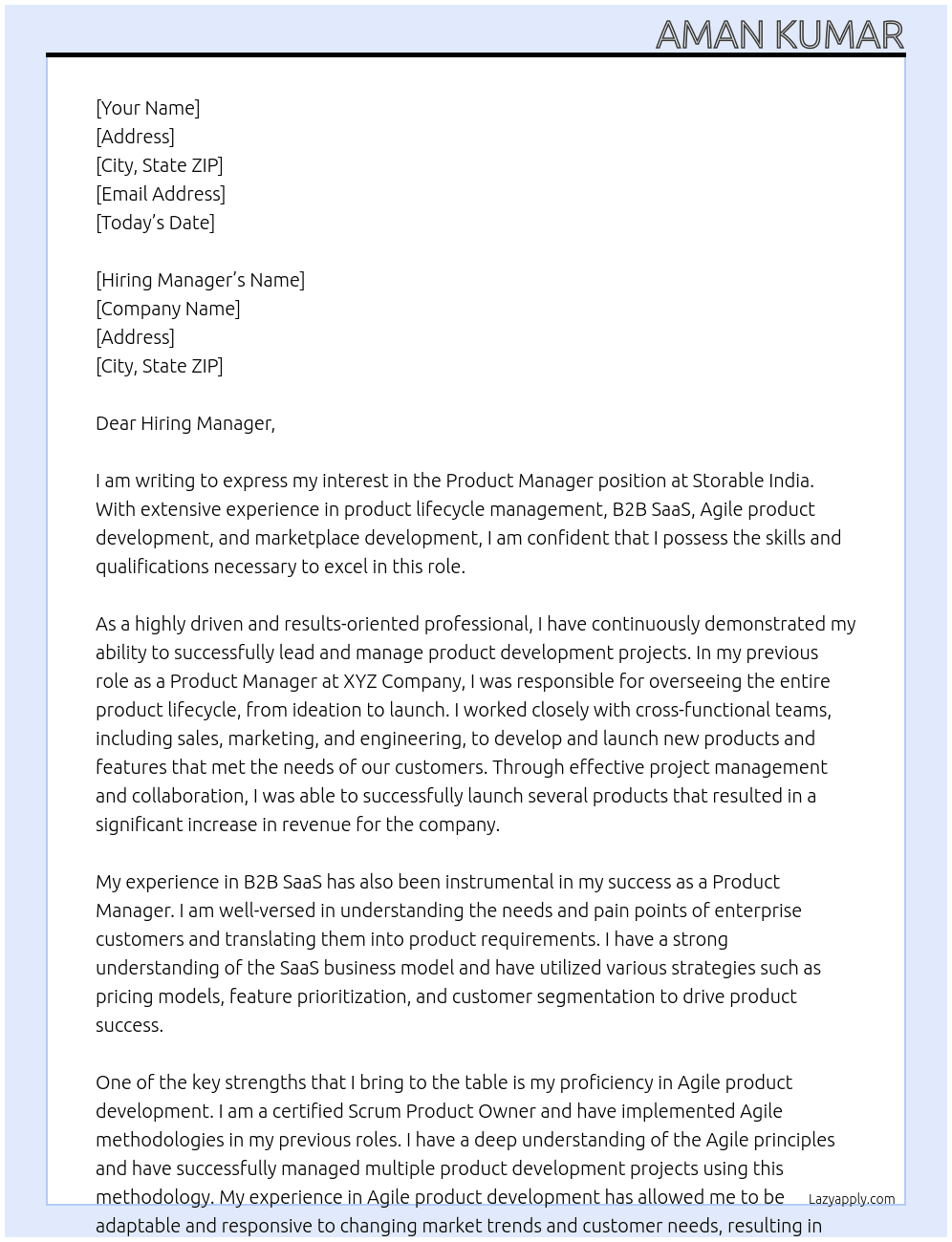Product manager At Storable India Cover Letter