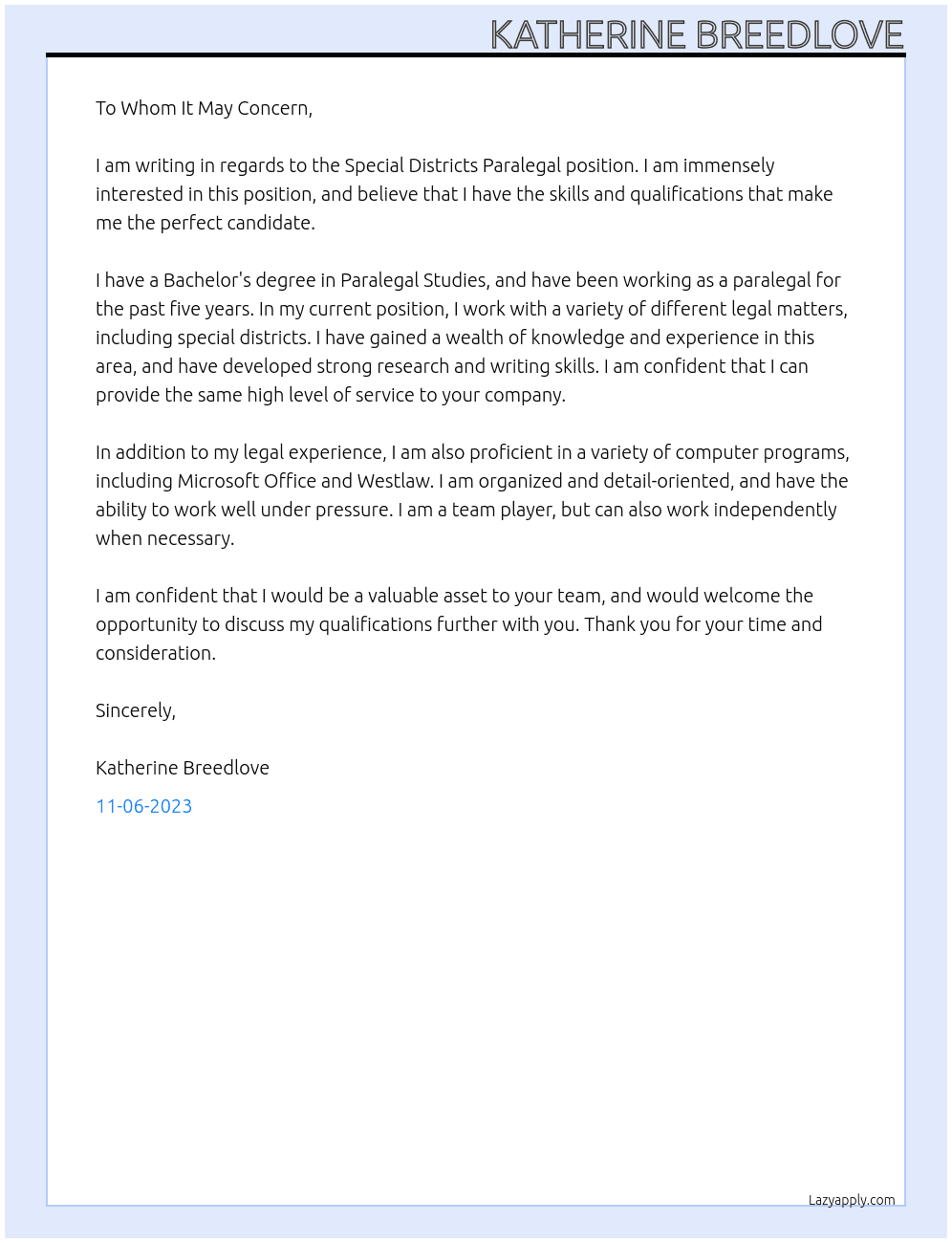 Special Districts Paralegal At Uknown Cover Letter