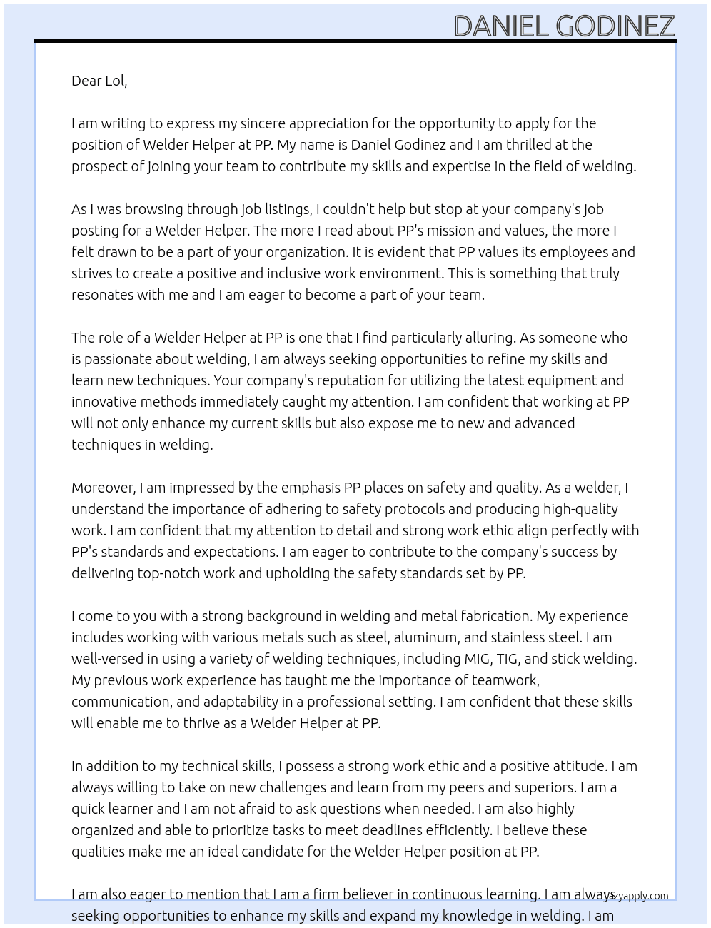 welder helper At pp Cover Letter