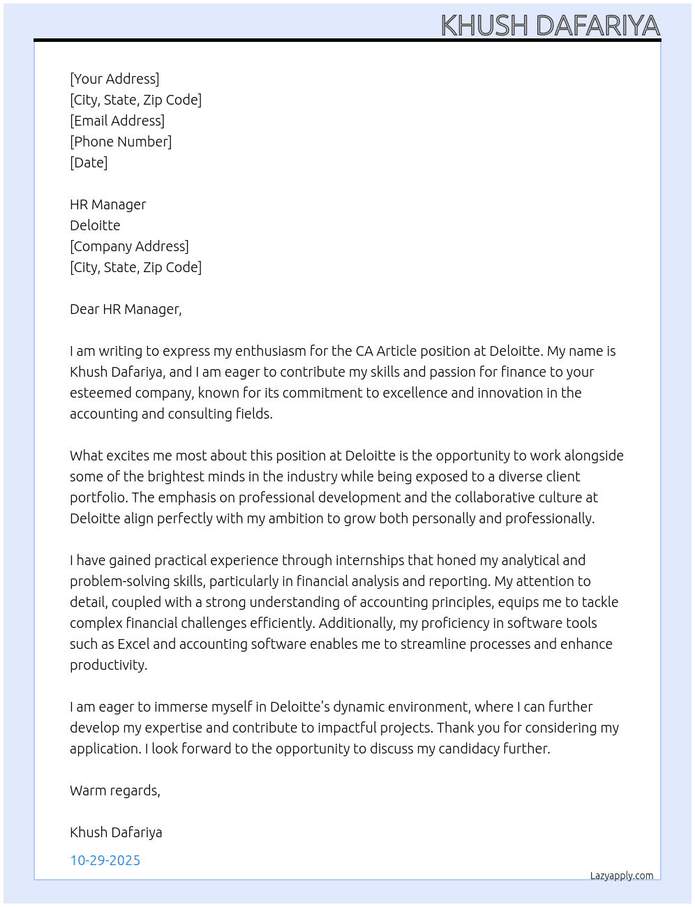 CA article At Deloitte Cover Letter