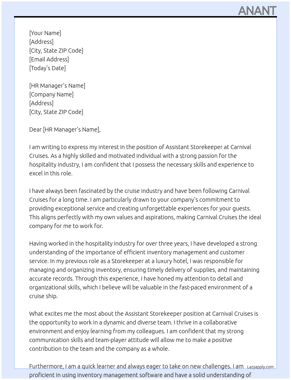 Assitant storekeeper At Carnival Cruises Cover Letter
