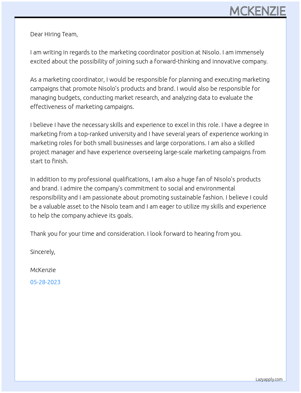marketing coordinator At Nisolo Cover Letter