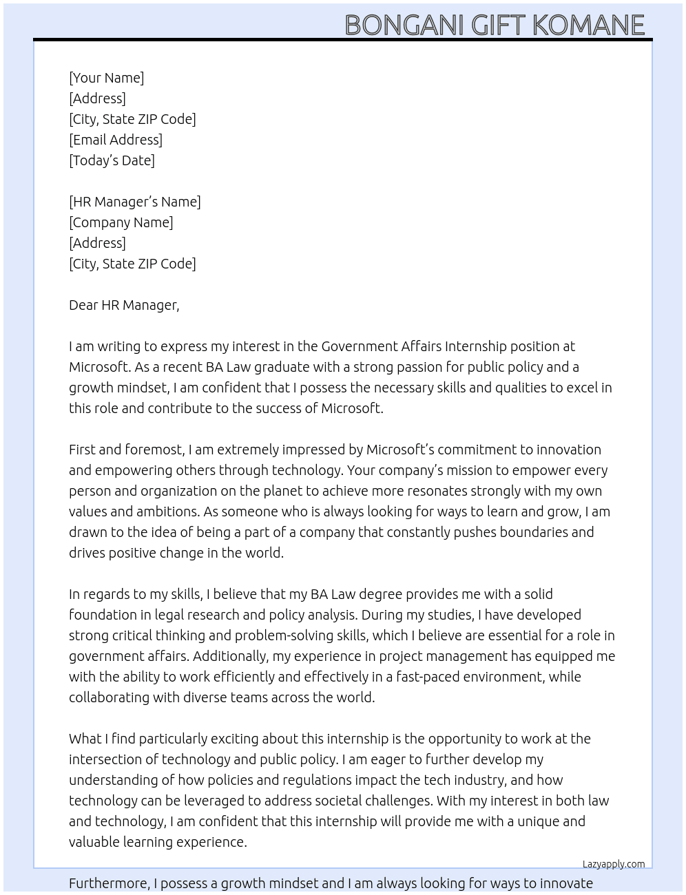 Cover letter for government affairs internship - LazyApply
