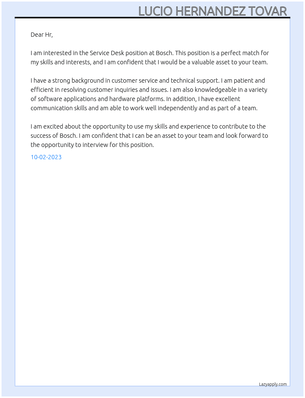 Service Desk At Bosch Cover Letter