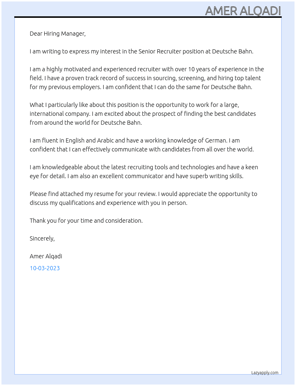 Senior recruiter At deutsche bahn Cover Letter