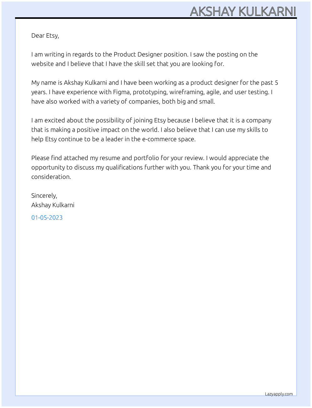 Product Designer At Etsy Cover Letter