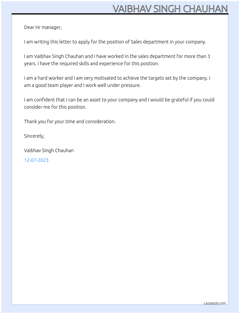 Sales department  At IFB APPLIANCE  Cover Letter