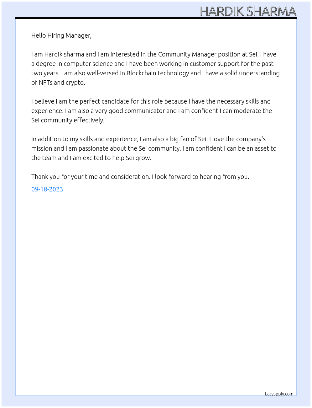 Community Manager At Sei Cover Letter