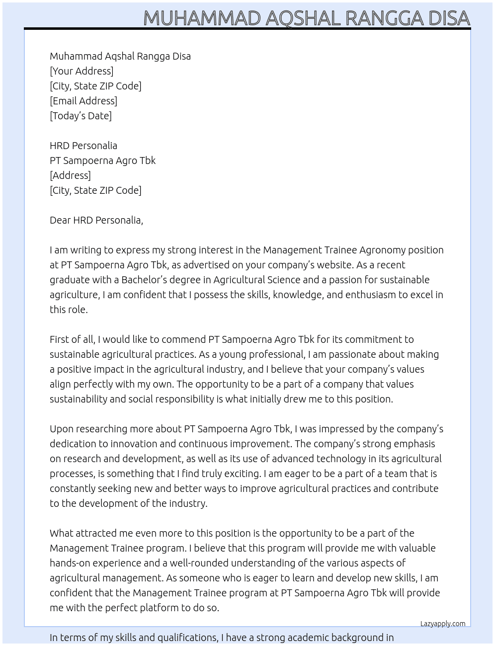 Management Trainee Agronomy At PT Sampoerna Agro Tbk Cover Letter