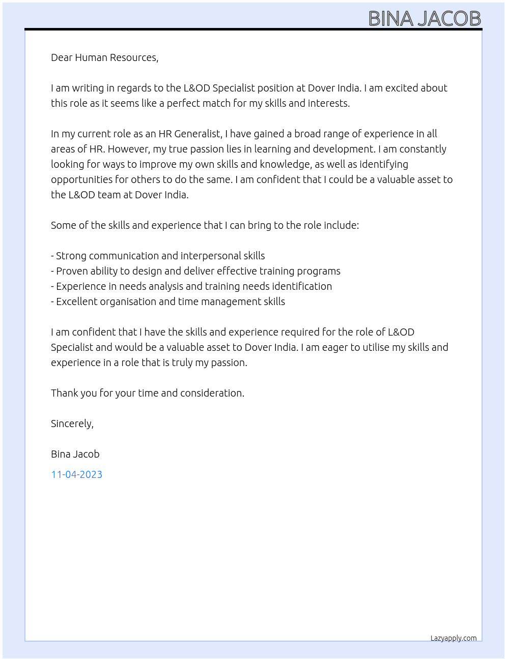 L&OD Specialist At Dover India Cover Letter