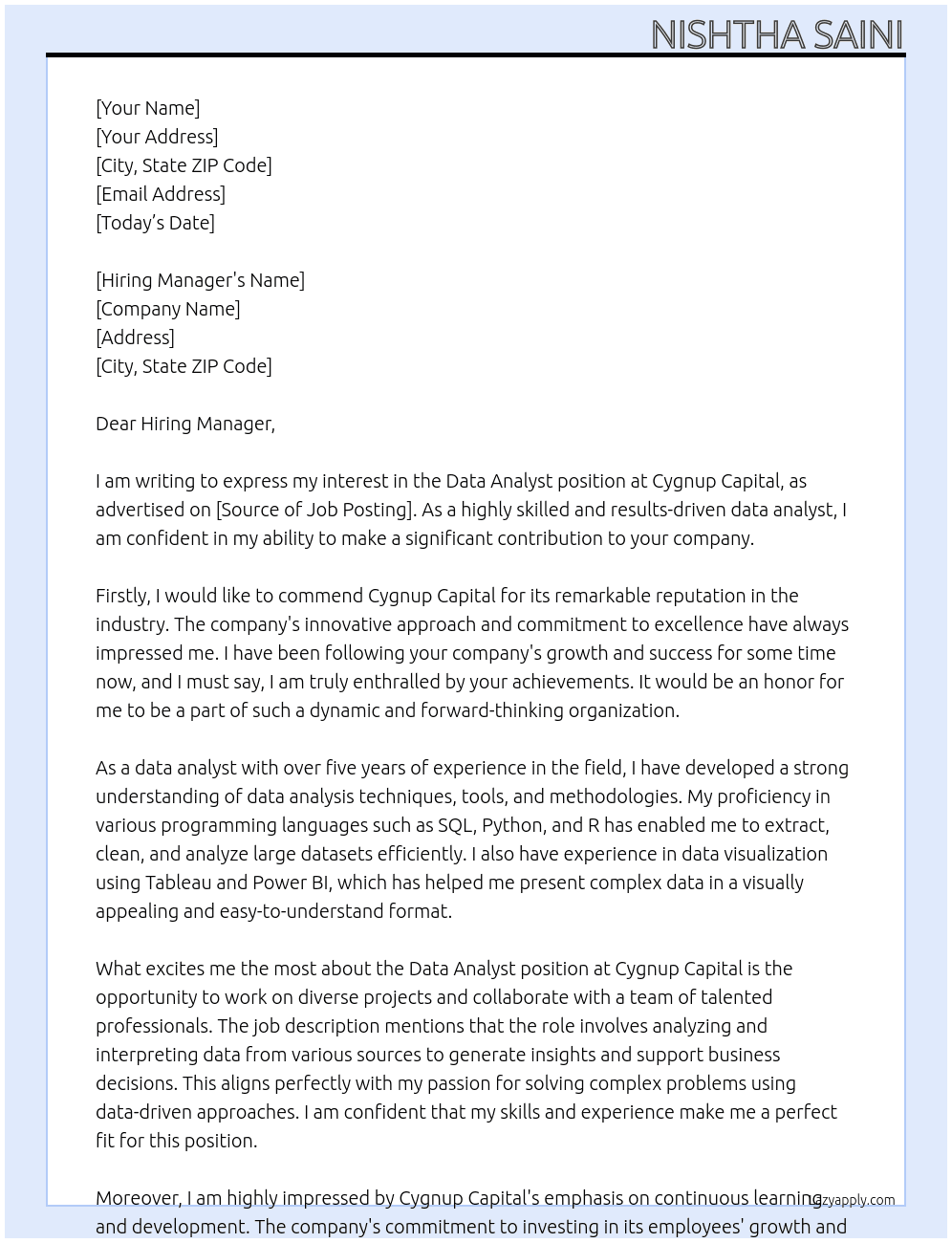 data analyst At Cygnup Capital Cover Letter