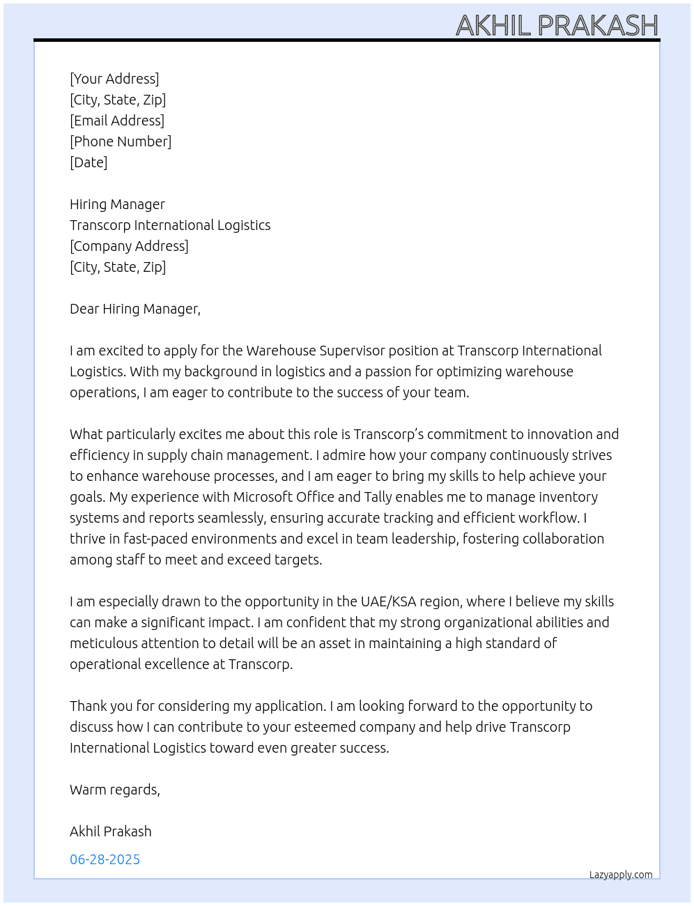 Warehouse Supervisor  At Transcorp International Logistics Cover Letter