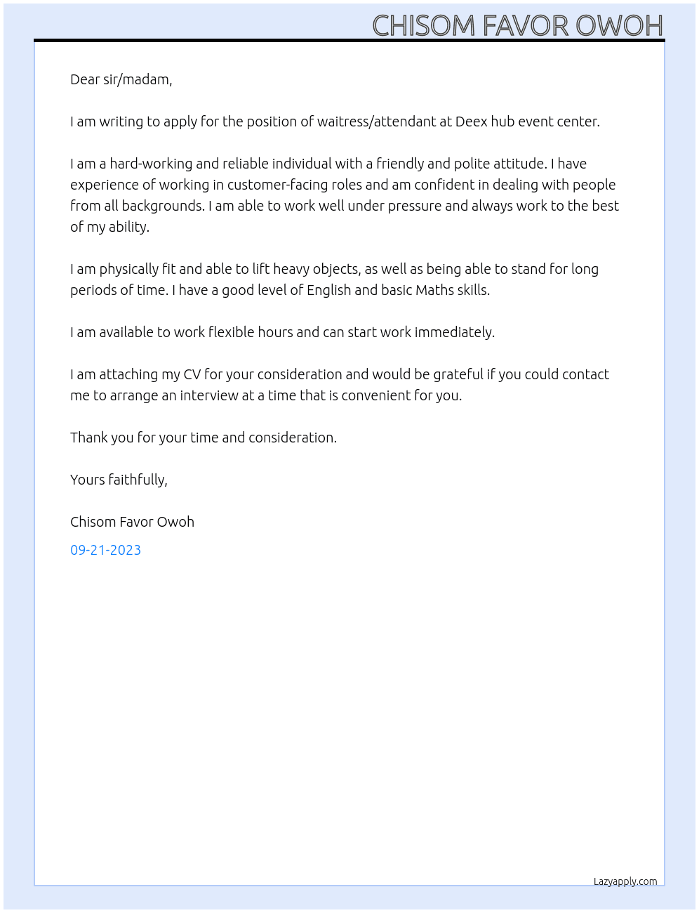 Waitress/attendant  At Deex hub event center  Cover Letter