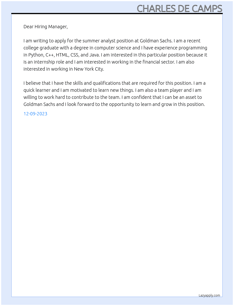 summer analyst At goldman sachs Cover Letter